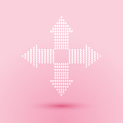Poster - paper cut arrows dots in four directions icon isolated on pink background. paper art style. vector.