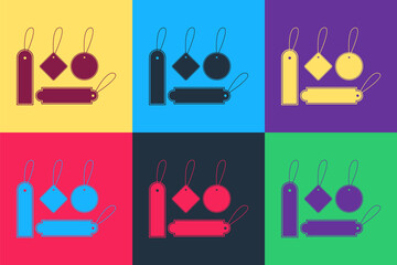 Poster - Pop art Blank labels template price tags set icon isolated on color background. Empty shopping discounts stickers. Template discount banners set. Vector.