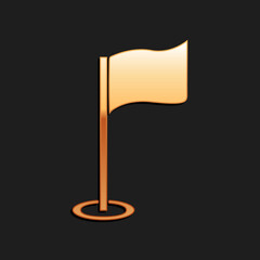 Poster - Gold Golf flag icon isolated on black background. Golf equipment or accessory. Long shadow style. Vector.