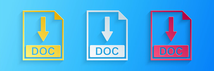 Poster - Paper cut DOC file document icon. Download DOC button icon isolated on blue background. Paper art style. Vector.