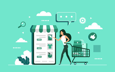 Poster - Shopping online with mobile smartphone shop app service vector illustration. Cartoon tiny consumer buyer woman holding shopping cart to buy in modern internet store on sales concept background