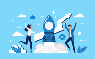 Poster - Business startup, success teamwork on launch rocket concept vector illustration. Cartoon business people team launching space ship, starting new successful idea to increase profits wealth background