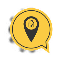 Fototapete - Black Map pointer with house icon isolated on white background. Home location marker symbol. Yellow speech bubble symbol. Vector.