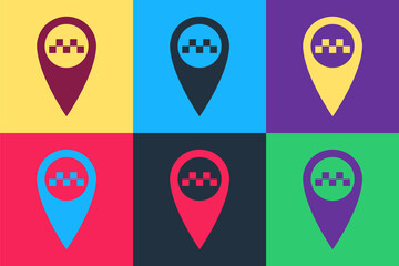 Fototapete - Pop art Map pointer with taxi icon isolated on color background. Vector.