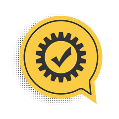 Poster - Black Gear with check mark icon isolated on white background. Cogwheel simple icon. Approved service sign. Transmission Rotation Mechanism symbol. Yellow speech bubble symbol. Vector.