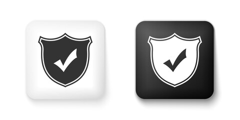 Poster - Black and white Shield with check mark icon isolated on white background. Protection symbol. Security check Icon. Tick mark approved icon. Square button. Vector.