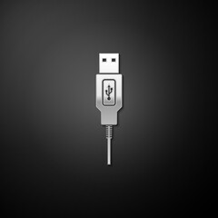 Poster - Silver USB cable cord icon isolated on black background. Connectors and sockets for PC and mobile devices. Smartphone recharge supply. Long shadow style. Vector.