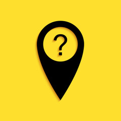 Poster - Black Map pointer with Question symbol icon isolated on yellow background. Marker location sign. For location maps. Index location on map. Long shadow style. Vector.