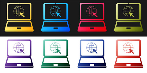 Poster - Set Website on laptop screen icon isolated on black and white background. Laptop with globe and cursor. World wide web symbol. Vector.