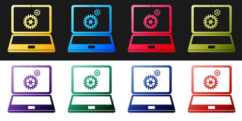Fototapete - Set Laptop and gears icon isolated on black and white background. Adjusting app, service, setting options, maintenance, repair, fixing laptop concepts. Vector.
