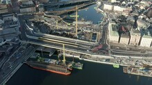 Aerial Flying Above The Construction Site Slussen In Stockholm City, Sweden