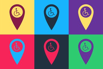 Poster - Pop art Disabled Handicap in map pointer icon isolated on color background. Invalid symbol. Wheelchair handicap sign. Vector.