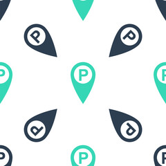 Poster - Green Map pointer with car parking icon isolated seamless pattern on white background. Vector.