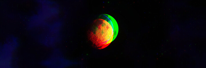 Futuristic neon glitch moon and space, abstract quantum cosmos exploration. Planet, stars, nebula and lights