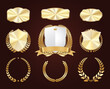 © Sergio Lucci - Set of golden shields. Luxury gold labels. Glossy metal badges. Collection of seals, laurel, ribbon