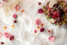 Floral Romantic Background With Bridal Bouquet On Fur