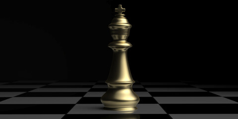 Sticker - Golden chess king standing on a chessboard, black background. 3D illustration.