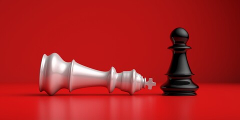 Sticker - White chess king laying down and black pawn standing up winner on a chessboard, red background. 3D illustration.