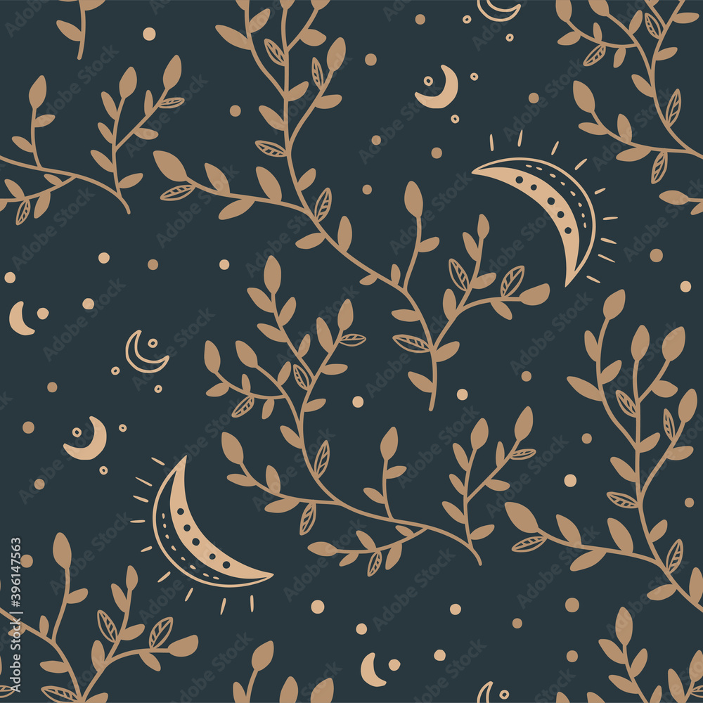 Mystical and Celestial Seamless boho vector pattern. Esoteric crescent ...