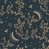 Fototapeta Boho - Mystical and Celestial Seamless boho vector pattern. Esoteric crescent moon and floral background.