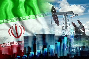 Image of the Iranian flag, oil pump rig and barrels with graphs. The concept of oil production, regulation of mining, the discovery of new deposits. Mixed Medivse, Double Exposure.