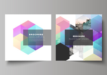 Wall Mural - vector layout of two square format covers design templates with colorful hexagons, geometric shapes,