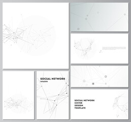 Poster - Vector layouts of social network mockups for cover design, website design, website backgrounds or advertising mockups. Gray technology background with connecting lines and dots. Network concept.