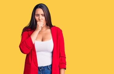 Wall Mural - Young beautiful brunette woman wearing elegant clothes feeling unwell and coughing as symptom for cold or bronchitis. health care concept.