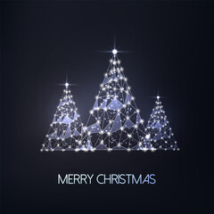 Wall Mural - Merry Christmas greeting card with three futuristic glowing low polygonal trees on black