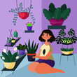Chica amante de las plantas, cuidando y ordenando las macetas en su casa