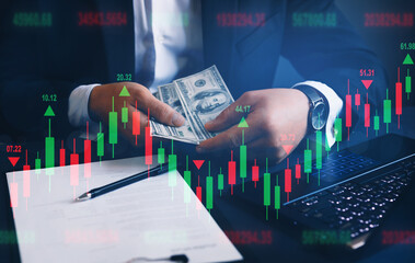 Businessman counting the money earned from Forex. Business investment and currency exchange. Financial stock market graph.