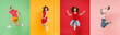 © ViDi Studio - Photo set collage of four multiethnic expressive happy young people group wearing t-shirts having fun, jumping or flying up in air different poses isolated on colorful background, studio portraits.