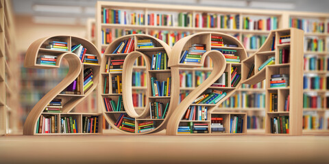 Poster - 2021 new year education concept. Bookshelves with books in the form of text 2020 in library.