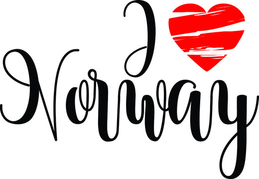 I Love Norway Country Name Bold Calligraphy Black Color Text With Red Heart 
