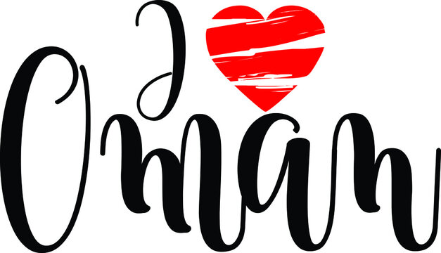 I Love Oman Country Name Bold Calligraphy Black Color Text With Red Heart 