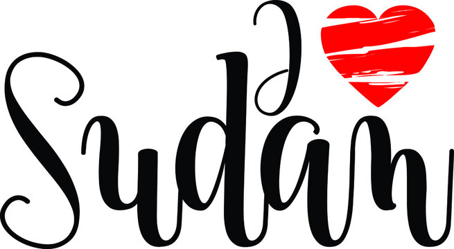 I Love Sudan Country Name Bold Calligraphy Black Color Text With Red Heart 