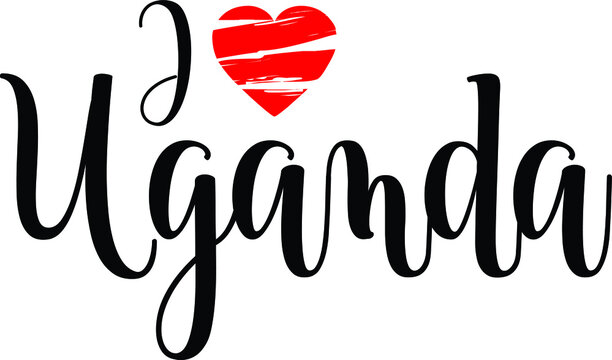 I Love Uganda Country Name Bold Calligraphy Black Color Text With Red Heart 
