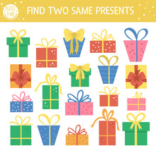 Find Two Same Presents. Holiday Matching Activity For Children. Funny Educational Birthday Party Logical Quiz Worksheet For Kids. Simple Printable Celebration Game With Cute Gift Boxes.