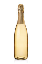 Yellow Bottle Of Champagne Isolated On White.