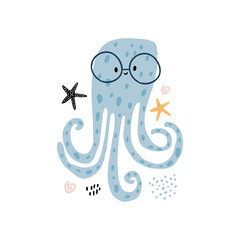 Wall Mural - Cute cartoon octopus baby in glasses. Childish print for nursery, kids apparel,poster, postcard. Vector Illustration