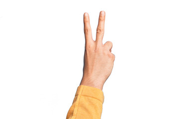 Hand of caucasian young man showing fingers over isolated white background counting number 2 showing two fingers, gesturing victory and winner symbol