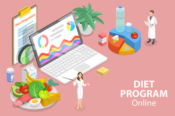 3D Isometric Flat Vector Conceptual Illustration of Online Diet Program, Professional Nutrition Consulting Service.