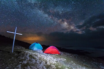 Wall Mural - night photos in the ukrainian carpathian mountains with a bright starry sky and the milky way