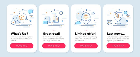 Poster - Set of Industrial icons, such as Return package, Engineering team, Buildings symbols. Mobile screen mockup banners. Fragile package line icons. Vector