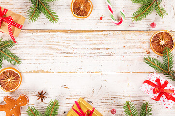 Wall Mural - Christmas Decoration on Vintage Wooden Background, Lots of Copy Space for Your Product or Text.