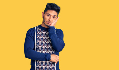 Sticker - Handsome latin american young man wearing casual winter sweater thinking looking tired and bored with depression problems with crossed arms.