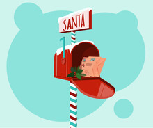 Mailbox With Letters For Santa. Classic Decorative Christmas Red Box.