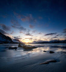 Wall Mural - beach on lofoten islands, norway. beach and clouds during sunset. evening time. winter landscape nea