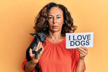 Sticker - Middle age hispanic woman holding chihuahua dog and paper with i love dogs phrase relaxed with serious expression on face. simple and natural looking at the camera.