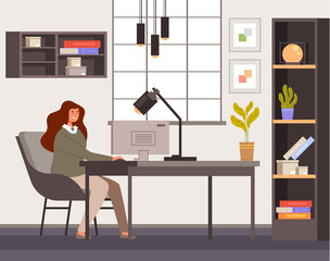 Business woman worker sitting in home room interior and working computer. Quarantine stay at home concept vector flat cartoon graphic design illustration